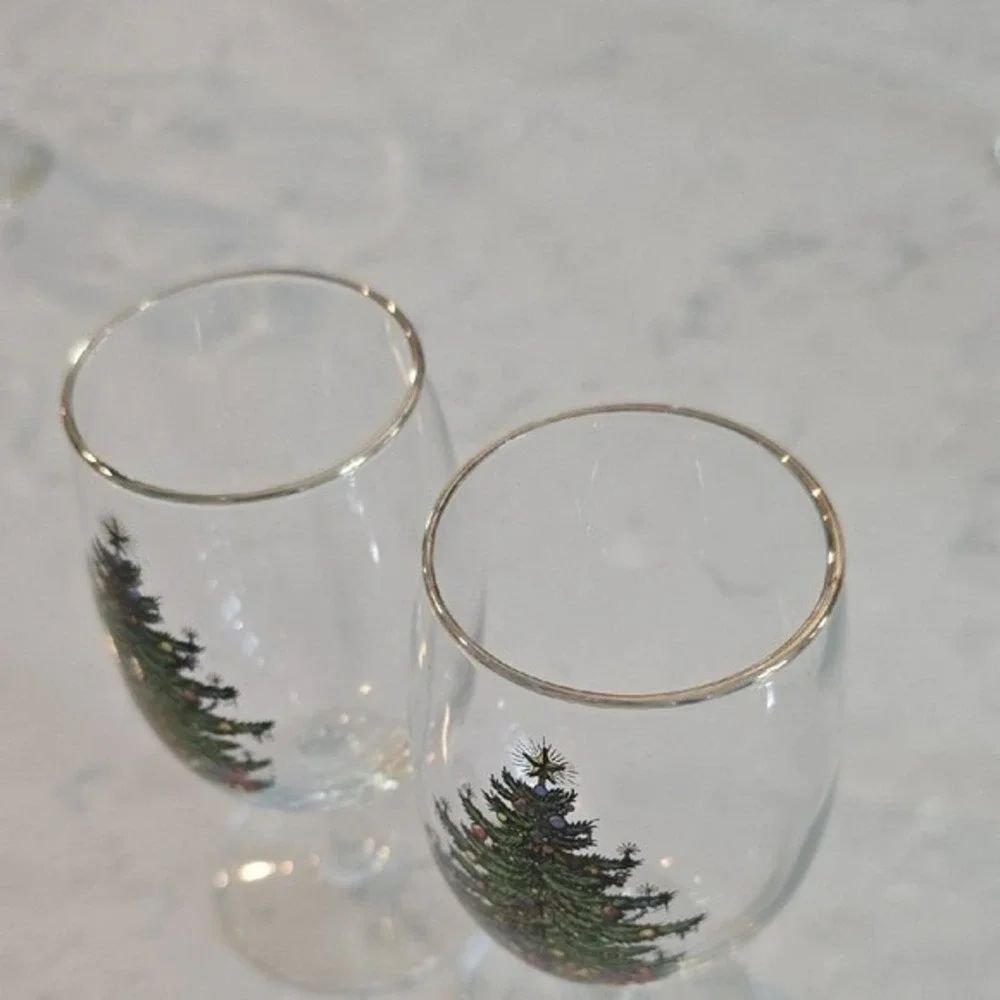SET OF 8 Spode Christmas Tree Wine Glasses 22k Gold Rim 6.5